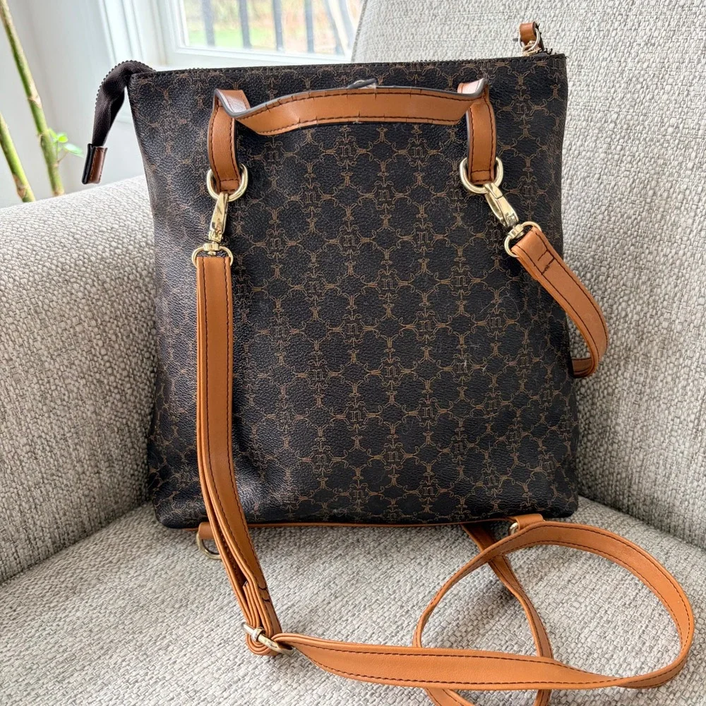 Nanette Lepore Convertible‎ Backpack Crossbody Large Brown Monogram Tan Trim Bag